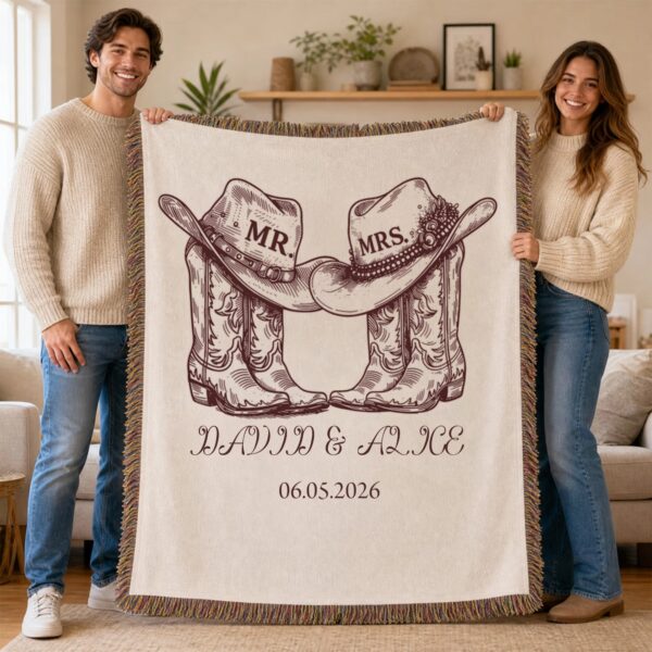 Personalized Western Mr. & Mrs. Cowboy Boots Tassel Soft Throw Blanket, Custom Names & Date, Home Decor, Birthday Anniversary Gift for Couples
