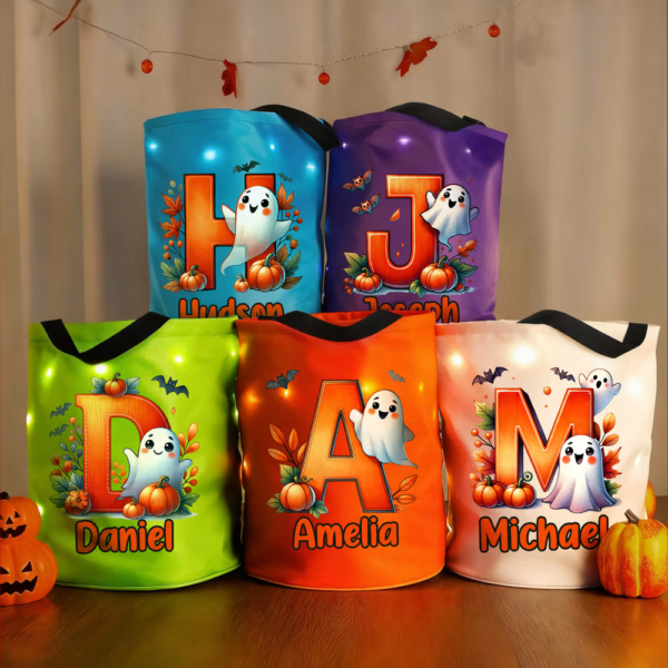 Personalized Pumpkin Ghost Colorful LED Light Bucket Bag with Name and Initial Trick or Treat Halloween Party Gift for Kids