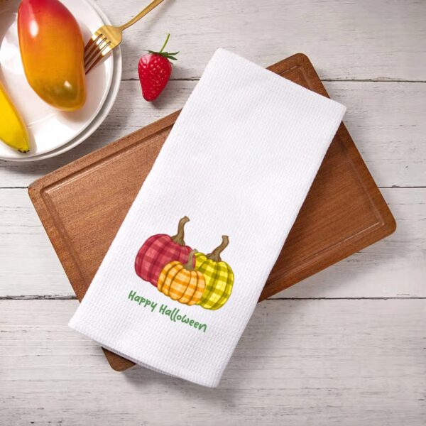 Personalized Striped Pumpkin 100% Cotton Waffle Tea Towel with Text Kitchen Decor Fall Thanksgiving Halloween Gift for Family Friend