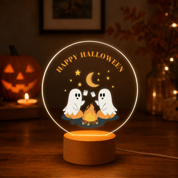 Personalized Halloween Ghost Acrylic Night Light - Custom Text, Wooden Base, Perfect Halloween or Birthday Gift for Friends, Gift for Kids