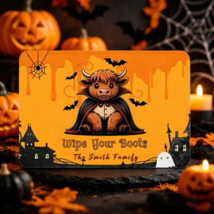 Personalized Highland Cow Wipe Your Boots Bat Spooky Ghost Doormat with Family Name Home Decor Halloween Gift for Highland Cow Lovers