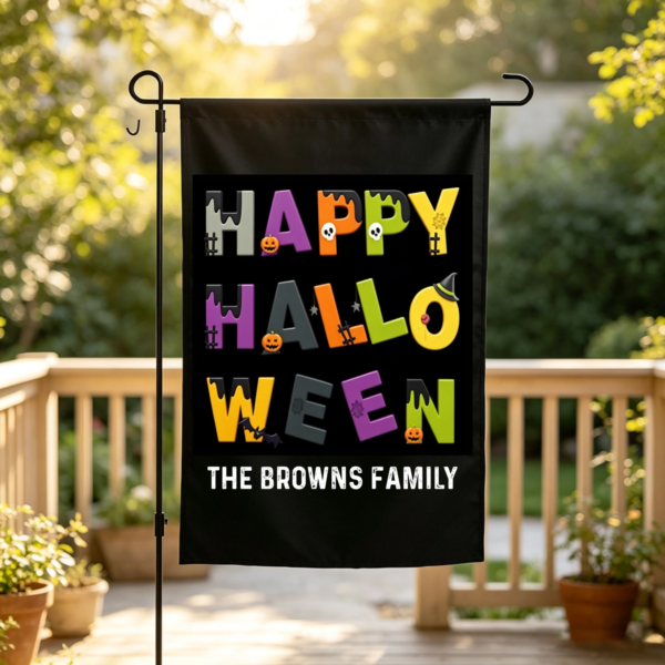Personalized Happy Halloween Trick or Treat Pumpkin Skull Garden Flag with Text Yard Porch Outdoor Decor Halloween Gift for Family Friend