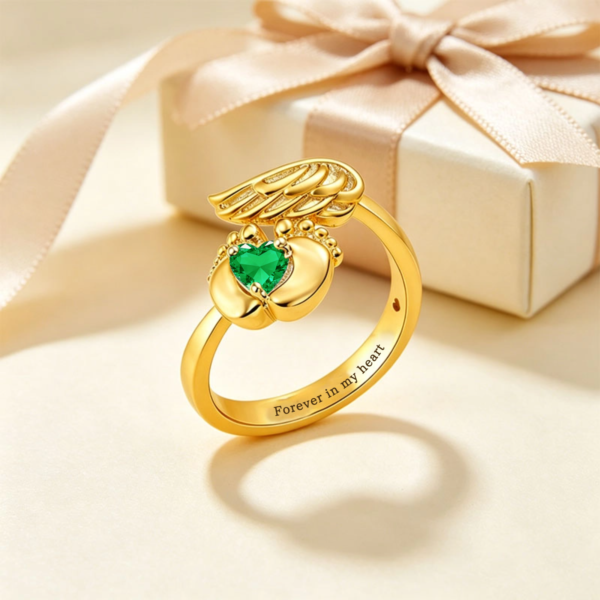 Personalized Engraved Angel Wings And Heart-Shaped Birthstone Ring, Featuring Gemstones In 12 Colors Representing The Birth Month, Perfect For Women, A Birthday, Valentine's Day, Or Anniversary Gift.