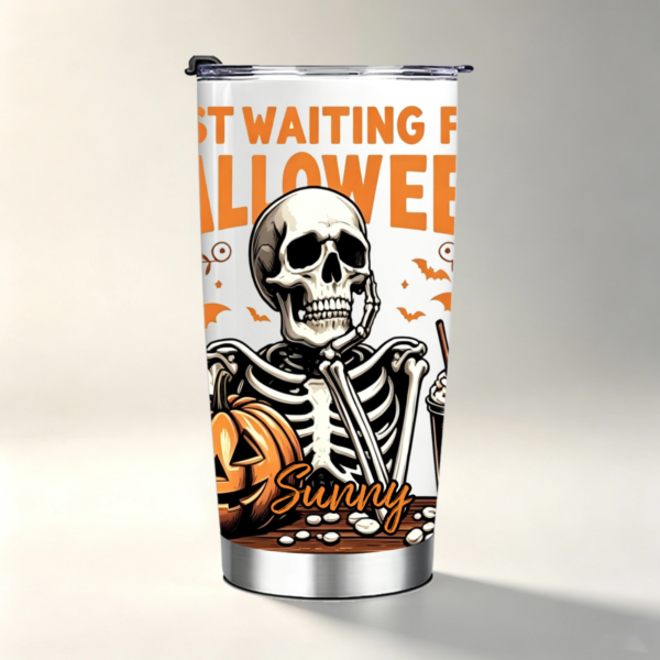 Personalized Skeleton Just Waiting for Halloween Pumpkin 20oz Name Tumbler with Lid Straw Funny Halloween Holiday Gift for Family Friend
