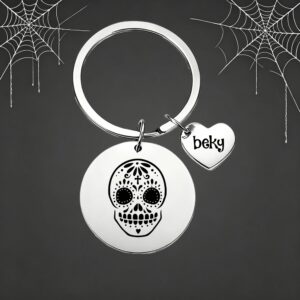 Personalized Day of the Dead Skull Keychain Keyring with Name Halloween Gift for Gothic lovers