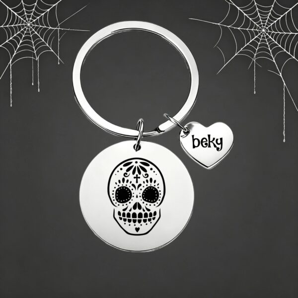 Personalized Day of the Dead Skull Keychain Keyring with Name Halloween Gift for Gothic lovers