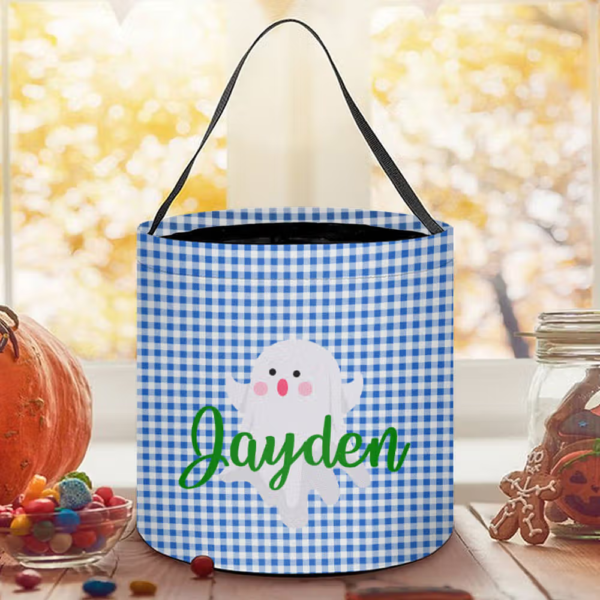 Personalized Bat Pumpkin Black Cat Grid Trick or Treat Candy Bucket Bag with Handle Reusable Halloween Party Supplies Gift for Kids