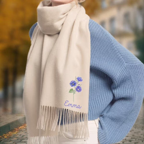 Personalized Watercolor Birth Flower Super Soft Warm Scarf with Name Fall Accessory Birthday Gift for Family Friend