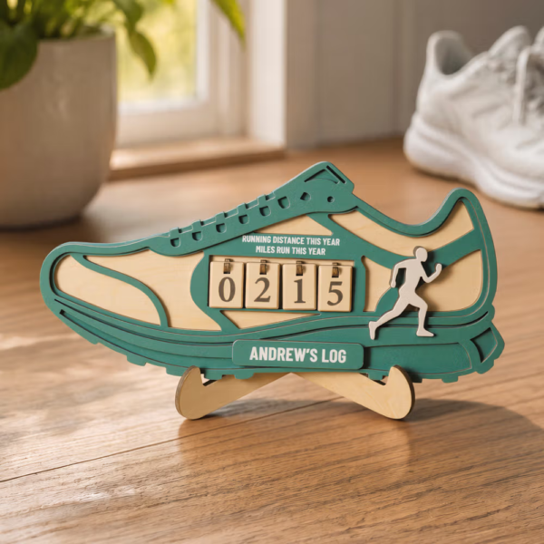 Personalized Sneaker Design Wooden Year Mile Tracker with Name Home Decor Birthday Anniversary Gift for Running Marathon Enthusiasts