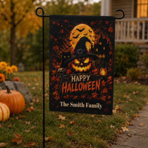 Personalized Garden Flag | Custom Halloween Flag with Family Name | Witch Decor for Fall Porch