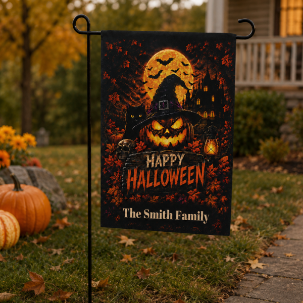 Personalized Garden Flag | Custom Halloween Flag with Family Name | Witch Decor for Fall Porch