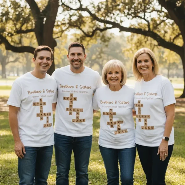 Names & Any Words Turn Into Forever Linked Crossword Art Personalized Cotton T-shirt, Unique Gift for Siblings, Family and Any Bond, Perfect for Reunions, Birthdays, Family Occasions