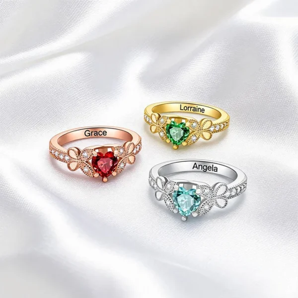 Heart-Shaped Ring Featuring A Butterfly And Cubic Zirconia; Custom With A Name And Birthstone—An Ideal Gift For Women For Birthdays, Anniversaries, Or Valentine's Day.