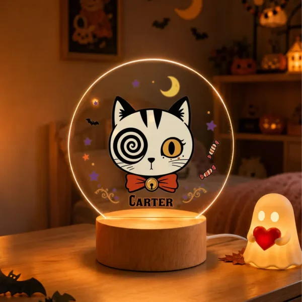 Personalized Halloween Quirky Cat Acrylic LED Night Light with Name and Wooden Base Room Decor Halloween Gift for Kids