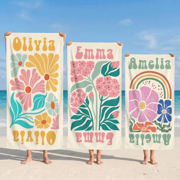 Personalized Retro Floral Oversized Quick Dry Magnetic Beach Towel with Name Summer Vacation Beach Party Birthday Gift for Girls Friends