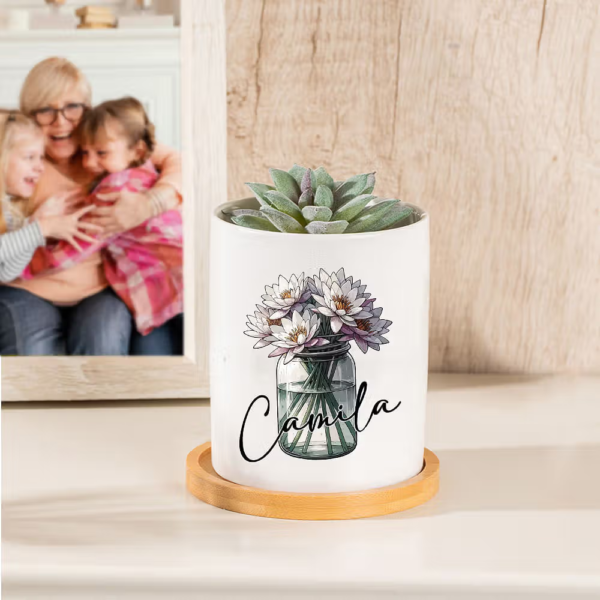 Personalized Birth Flower Ceramic Name Succulent Planter Pot with Drainage and Wooden Base Birthday Home Decor Gift for Family Friend