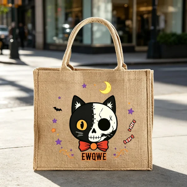 Personalized Halloween-Themed Fun Cat Head Large Capacity Jute Tote Bag with Name Halloween Party Gift for Family Kids