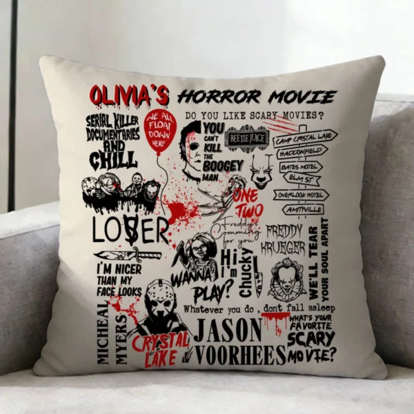 Personalized Horror Movie Pillow Cover with Killer Collage Pattern Halloween Decor Birthday Gift for Family Friends and Horror Fans