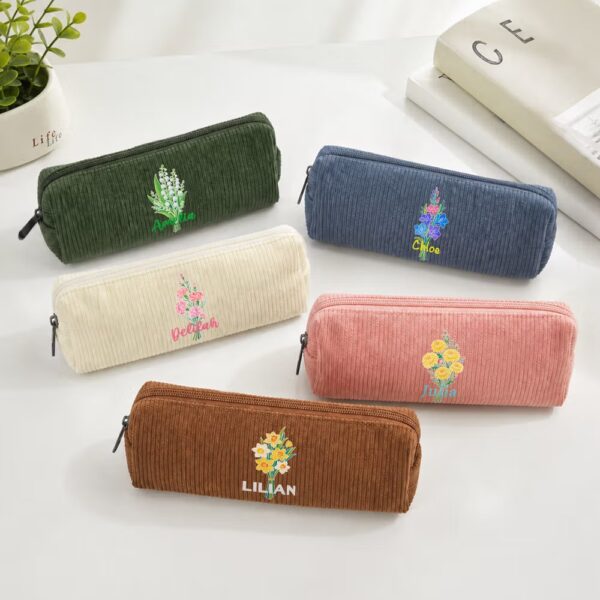 Personalized Multicolor Birth Flower Corduroy Pencil Case Pen Bag with Name Teacher's Day Birthday Back to School Gift for Colleague Teacher Student
