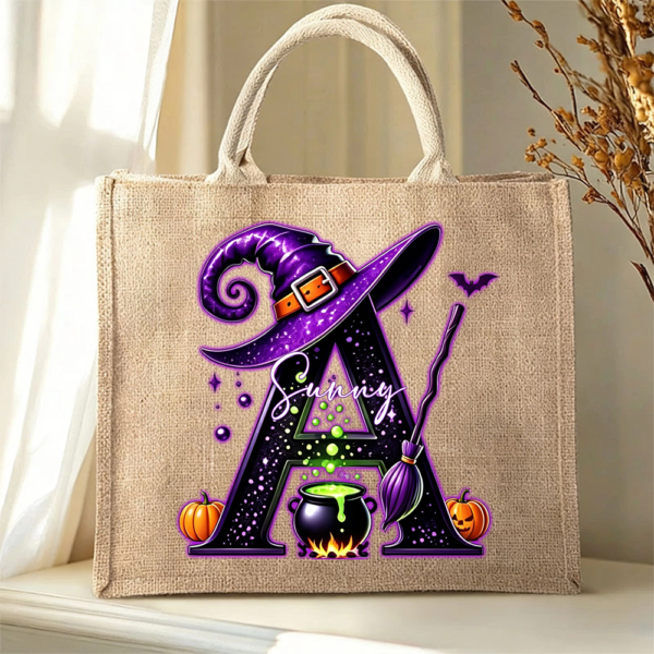 Personalized Magic Pot and Witch Hat Initial Large Jute Tote Bag with Name Trick or Treat Halloween Party Gift for Women Kids
