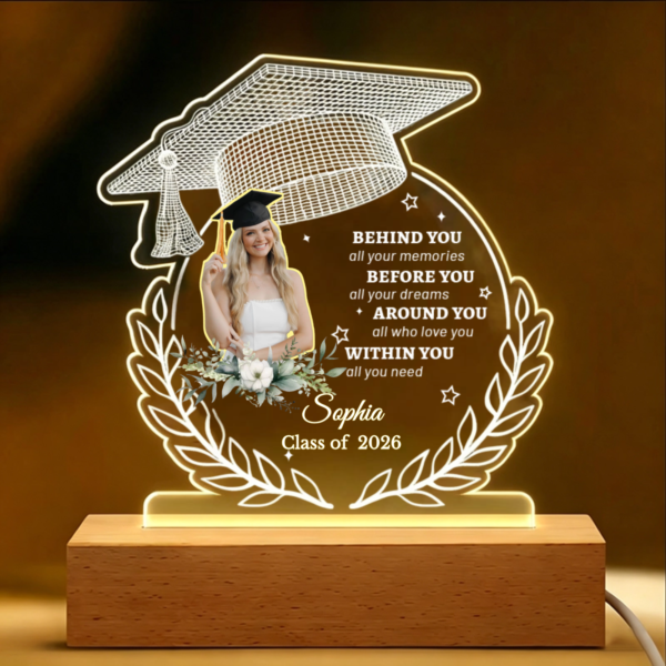 Graduation Cap Acrylic LED Night Light, Personalized Custom Photo Name Year Gift for Graduate Class of 2026, Keepsake for Him Her Friend from Family