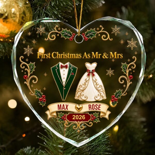 First Christmas As Mr. & Mrs. Vintage - Personalized Heart Shaped Glass Ornament