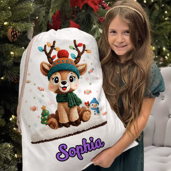 Personalized Cute Cartoon Reindeer Canvas Drawstring Gift Bag with Name Christmas Gift for Kids Family Friends