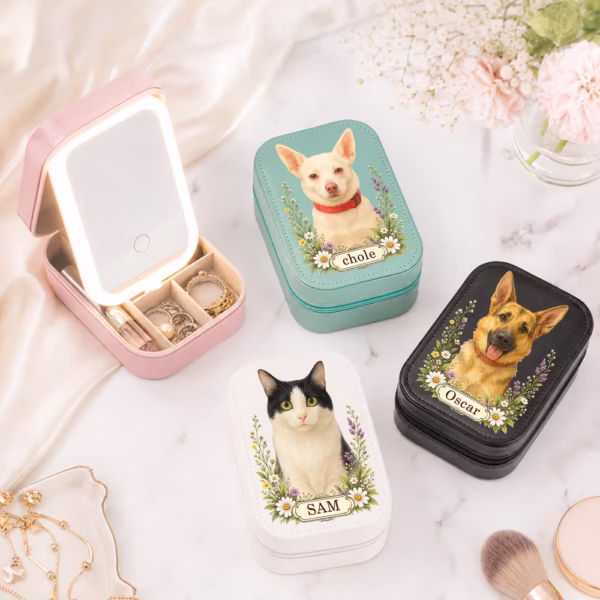 Personalized Photo PU Leather Jewelry Box with Name and LED Three‑Color Adjustable Makeup Mirror Birthday Gift for Women Friends
