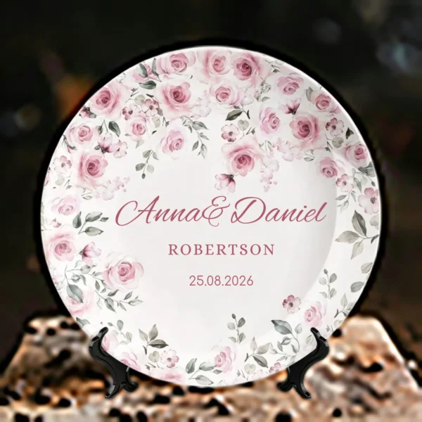 Personalized Rose Wedding Plate  Mr & Mrs Pink Floral Ceramic Dinner Plate