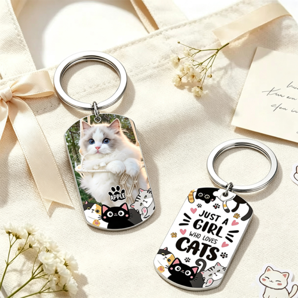 Custom Cat Photo Metal Keychain, Personalized Kitten Name Keepsake Gift For Cat Lovers