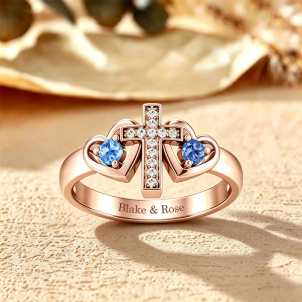 Personalized Cross Double Heart Birthstone Ring Design, Custom Engraved Gold Ring Product, The Perfect Gift For Couples & Loved Ones