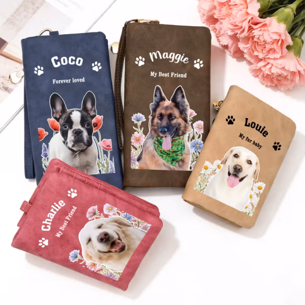 Foldable Faux Leather Wallet, Customizable With Pet Photo, Birth Month Flower And Personalized Name; Practical Daily Birthday Gift, Perfect For Pet Lovers