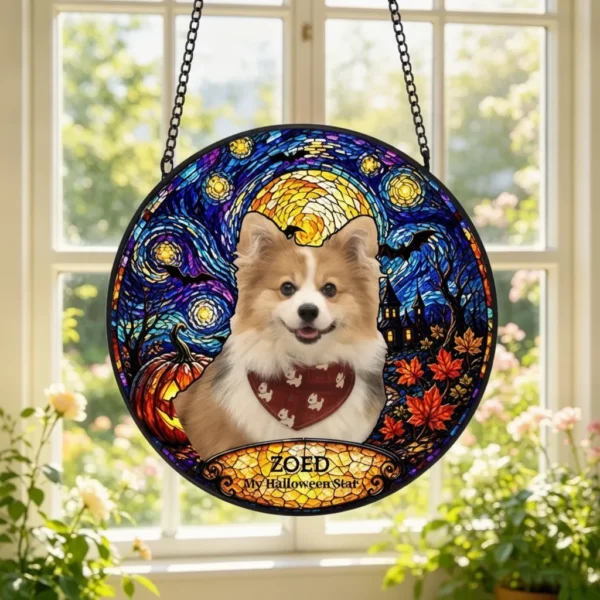 Personalized Stained Glass Style Van Gogh Art Pet Photo Window Hanging Suncatcher with Name Memorial Halloween Gift for Pet Owners