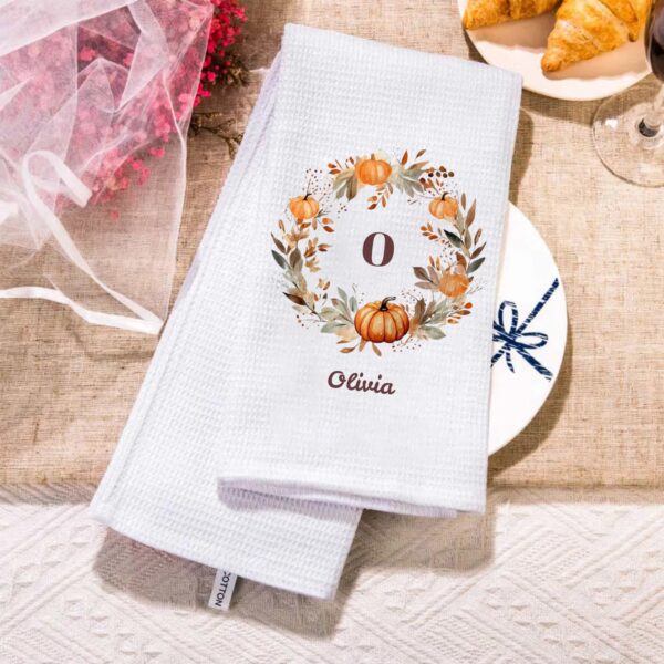 Personalized Pumpkin Wreath Initial Super Absorbent Soft Waffle Tea Towel with Text Halloween Thanksgiving Gift for Cooking Enthusiast Family