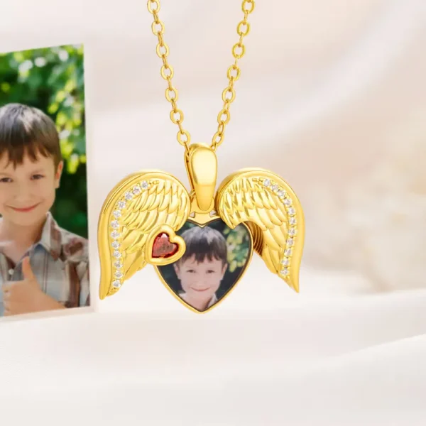 Personalized Angel Wings Heart Photo Birthstone Necklace with Zircon Dainty Jewelry Anniversary Birthday Memorial Gift for Women