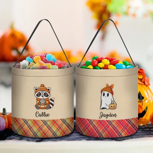 Personalized Cute Raccoon Ghost Peter Rabbit Plaid Trick or Treat Bag Candy Bucket with Name Halloween Party Favors for Boys Girls