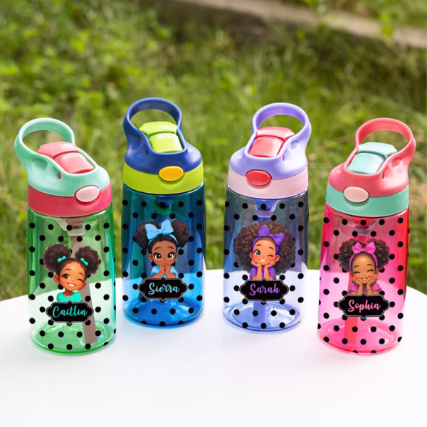 Personalized Polka Dot Cute Cartoon Black Girl Name 16 oz Water Bottle with Straw and Handle Back to School Birthday Gift for Girls