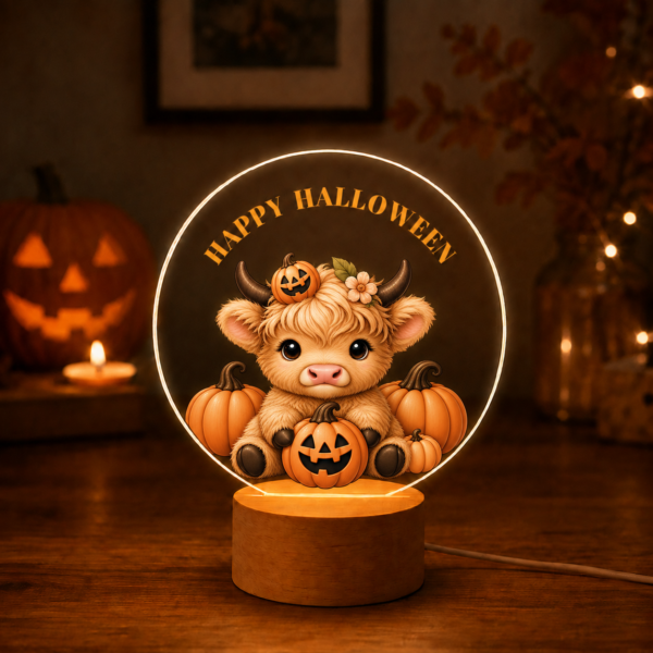 Personalized Halloween Highland Cow Night Light, Custom Cute Pumpkin Cow Acrylic LED Lamp, Kids Bedroom Bedside Decor, Halloween Gift for Children