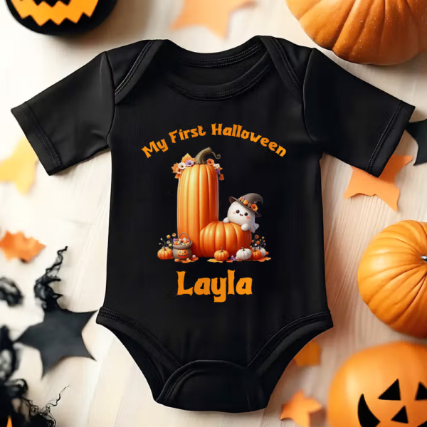 Personalized Cute Pumpkin Initial My First Halloween 100% Cotton Baby Bodysuit with Name Halloween Costume Party Gift for Baby