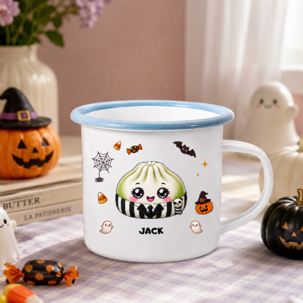 Personalized Multicolor Halloween Theme Dumpling Pumpkin 12 oz Enamel Mug with Name Halloween Party Gift for Kids