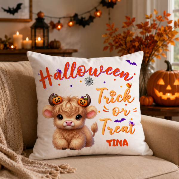 Personalized Pumpkins Highland Cow Soft Throw Pillow Cover with Name Home Decor Halloween Housewarming Gift for Family Friend